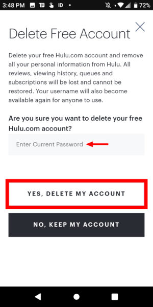 Hulu Android نعم حذف الحساب