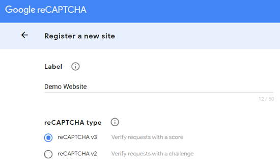 تسجيل موقع جديد لـ Google reCAPTCHA