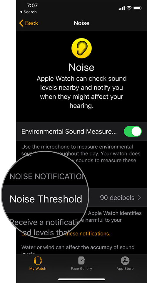 اضغط على Noice Threshold في Noice Settings على iPhone
