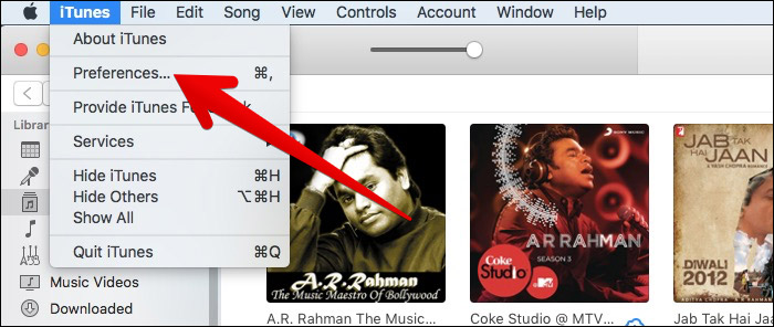 انقر على التفضيلات في iTunes على نظام Mac