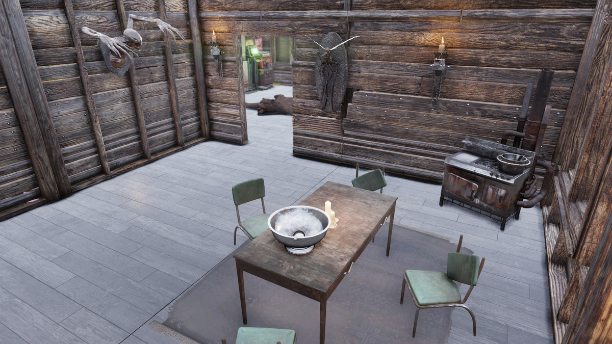 تداعيات 76 - داخل مقصورة اللاعب ، مع جدران خشبية وحوش مثبتة على الجدران. هناك موقد بسيط وطاولة عشاء مع وعاء لكمة والشموع.