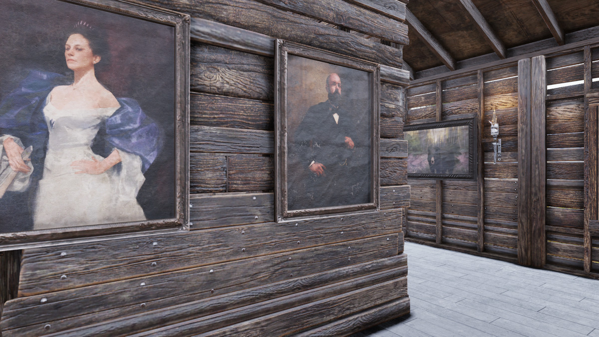Fallout 76 - CAMP للاعب ، مع شموع للضوء وصور على الجدران.