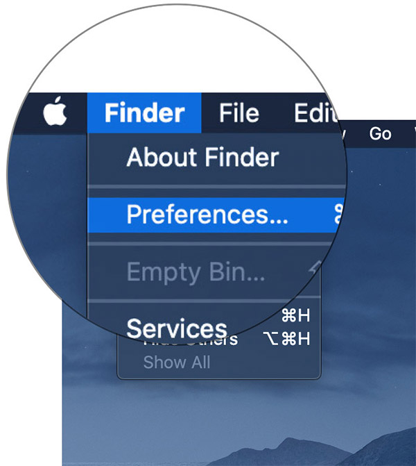 انقر فوق التفضيلات في إعدادات Mac Finder
