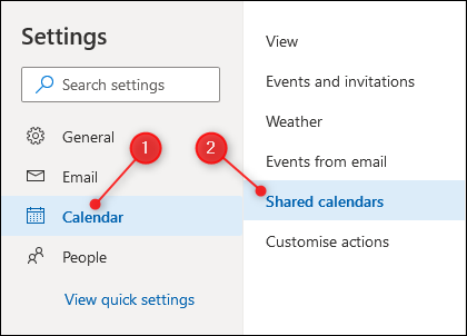 إعدادات تقويم Outlook مع تمييز إعدادات التقويم المشترك.