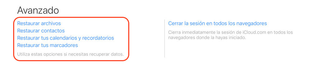 Versión web de iCloud para recuperar contactos