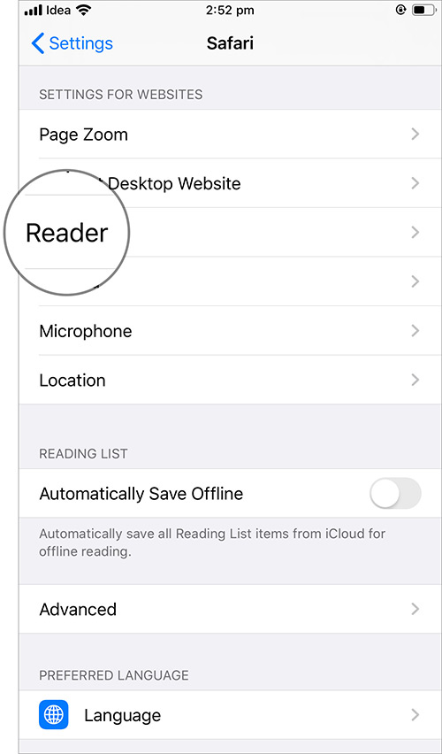 اضغط على Reader في iOS 13 Safari Settings