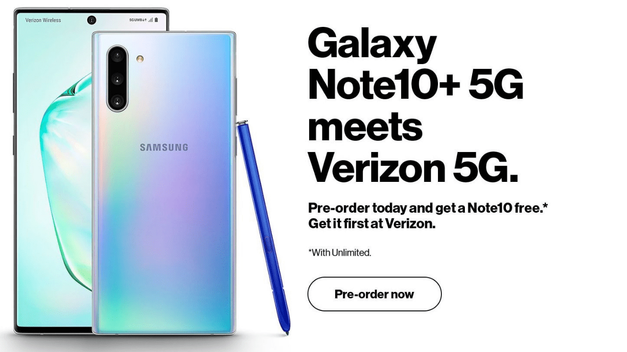 قبل النظام سامسونج Galaxy Note  10+ 5G عبر Verizon للحصول على مجانًا Note 10