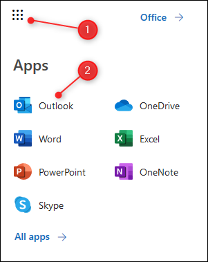 أداة تشغيل التطبيق O365 مع تمييز Outlook.