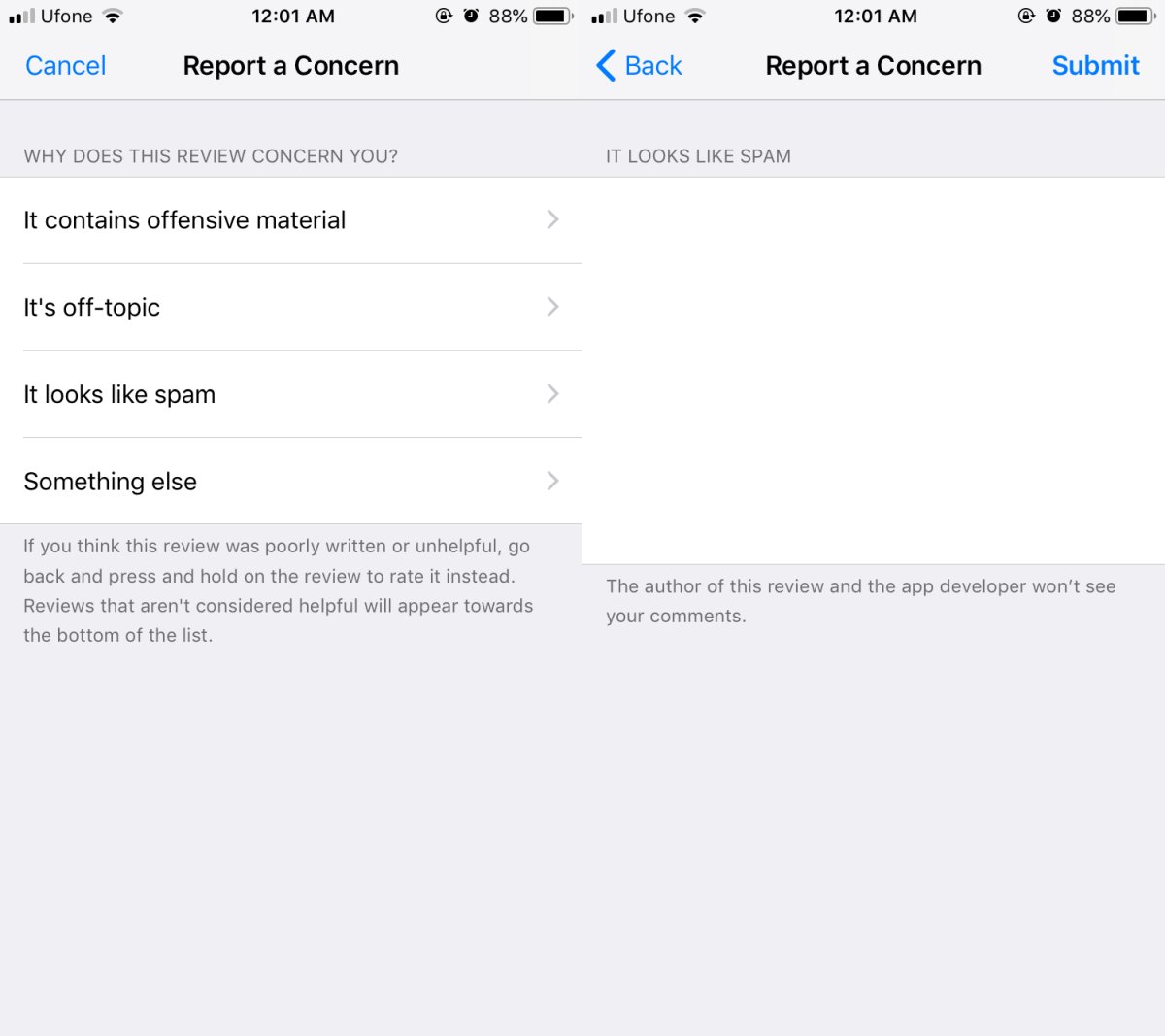 كيفية الإبلاغ عن مراجعات البريد العشوائي في متجر التطبيقات على iOS