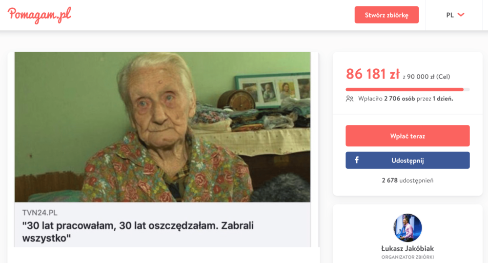 سرقت وفورات في الحياة (PLN 4000) من 99 عاما. جمعت مستخدمي الإنترنت 419 ألفا لها ذل!