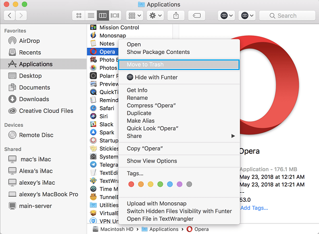 قم بإزالة Opera من Mac يدويًا