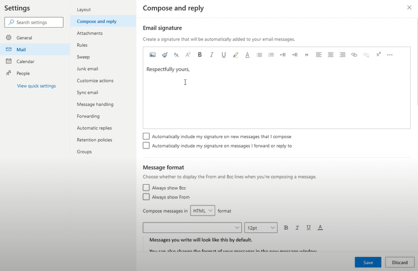 انقر فوق إنشاء والرد - إضافة توقيع في Outlook 365