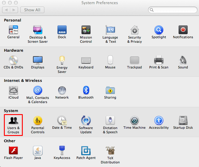 المستخدم والمجموعة - تغيير كلمة المرور على نظام التشغيل Mac
