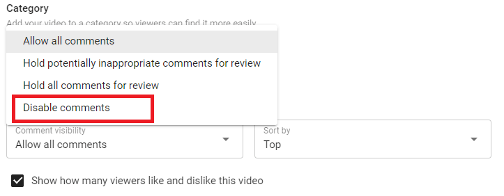تعطيل التعليقات في YouTube