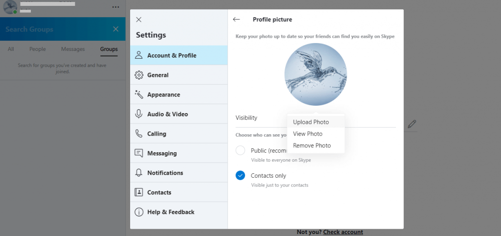 اختر تحميل الصورة لتغيير صورة الملف الشخصي Skype 