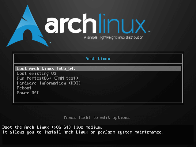حدد Boot Arch Linux لتثبيت Arch Linux 
