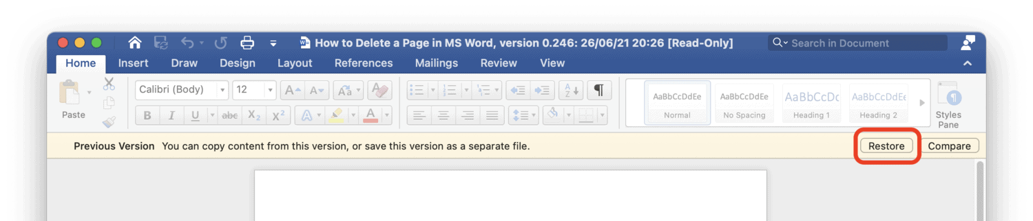 استعادة نسخة المستند في MS Word