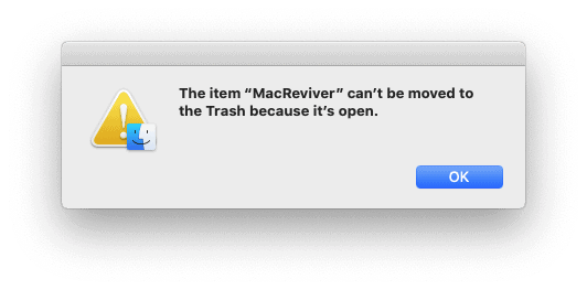 نافذة منبثقة لنظام التشغيل Mac توضح أنه لا يمكن إزالة التطبيق لأنه مفتوح