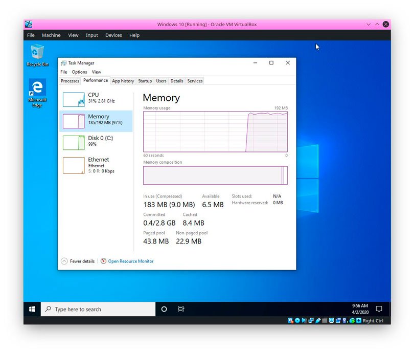 Windows 10 يعمل على 192 ميغا بايت فقط من ذاكرة الوصول العشوائي في اختبار المراهقين 2