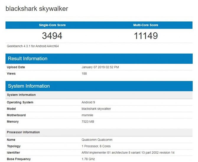 تسرب الهاتف الذكي Xiaomi Black Shark Skywalker إلى Geekbench باستخدام Snapdragon 855 2