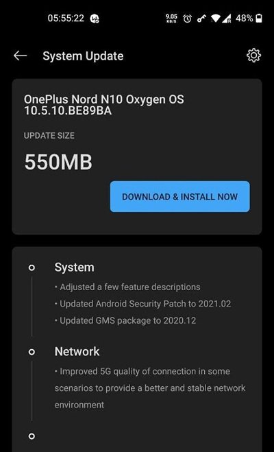 يحصل OnePlus Nord N10 على OxygenOS 10.5.10 مع تصحيح الأمان وتحسينات 5G