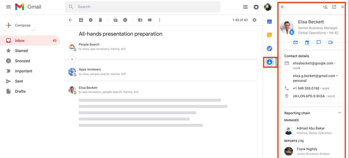 سيقوم Gmail بإحضار "جهات الاتصال" إلى اللوحة الجانبية مع معلومات إضافية 1