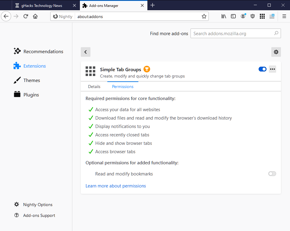 Firefox to get option to manage optional extension permissions on about:addons