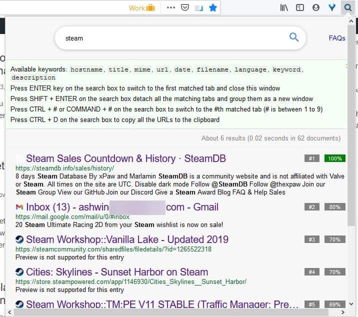 Search All Tabs extension for Firefox and Chrome