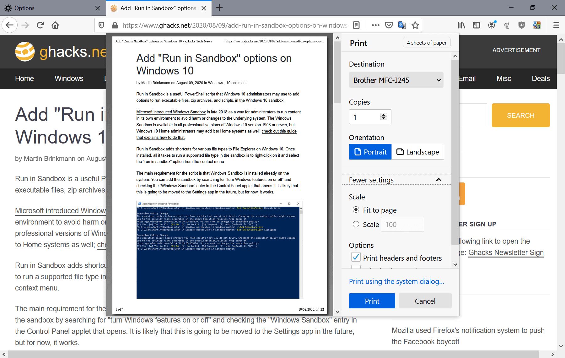 New Print Preview interface in Firefox 81