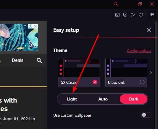 يعمل Opera GX على تمكين Light mode UI