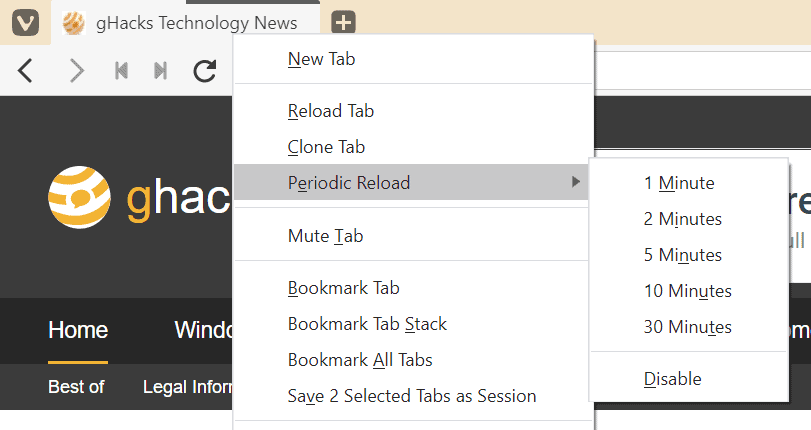 Latest Vivaldi gets option to reload tabs periodically