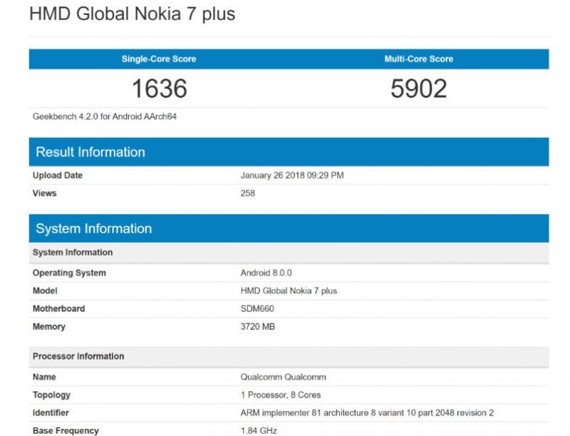 Nokia 7 Plus تم رصده على Geekbench ، قد يتم إطلاقه في الشهر المقبل! 1
