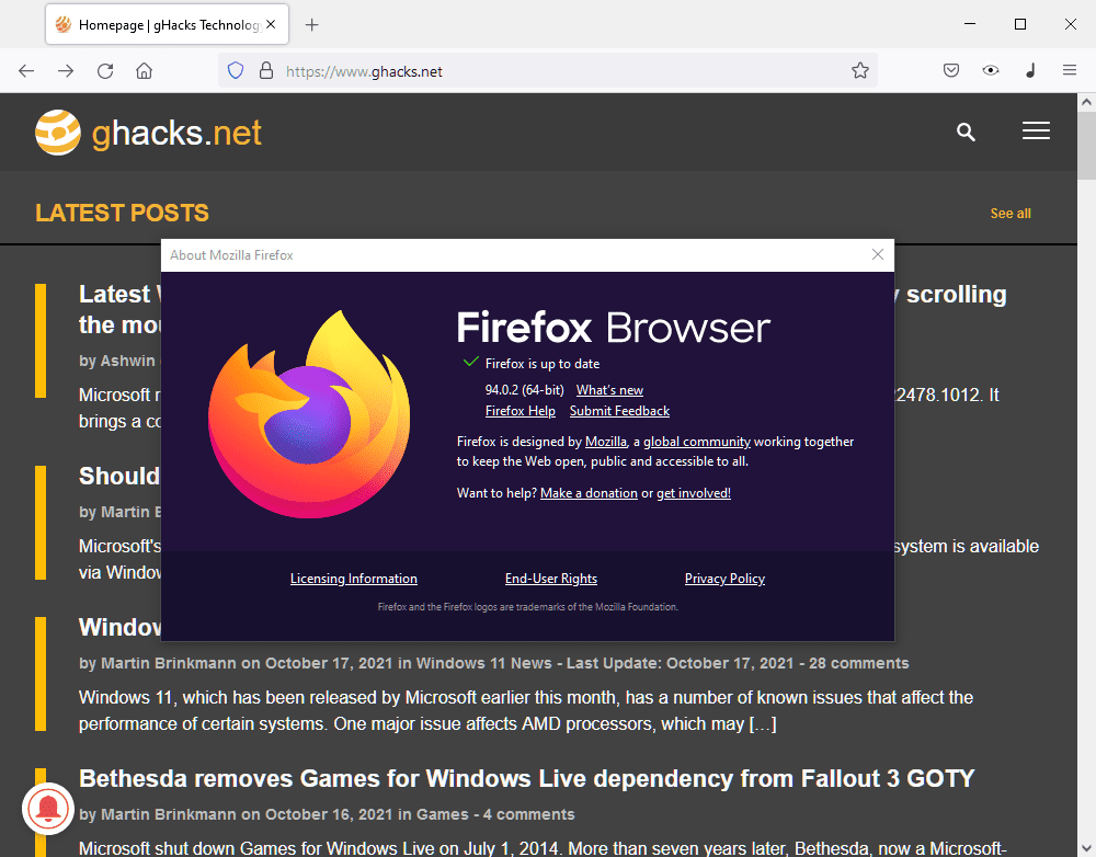 Firefox 94.0.2: first Microsoft Store-specific update, released for all platforms