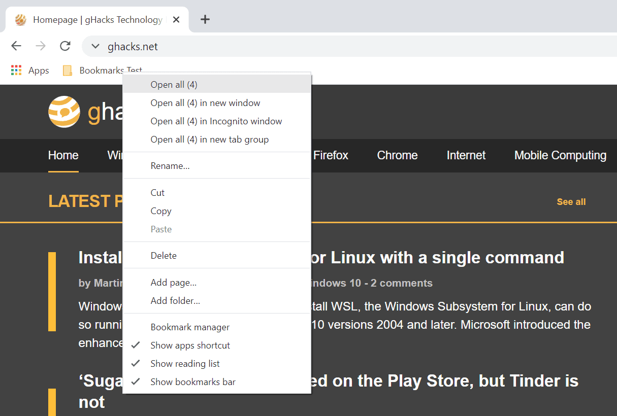 Google Chrome: open all bookmarks of a folder in a tab group