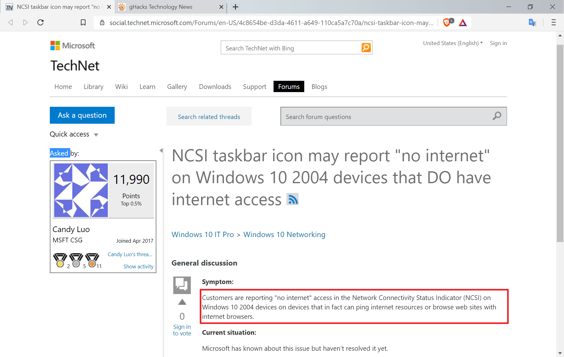 Windows 10 version 2004 may show