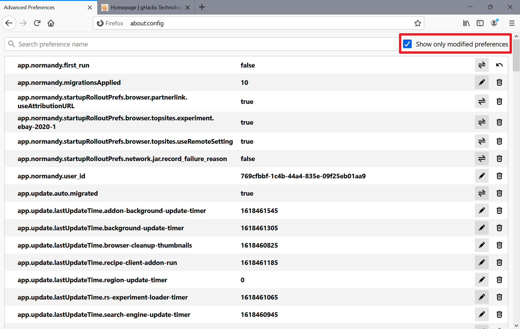 Firefox Stable gets option to show modified preferences on about:config only