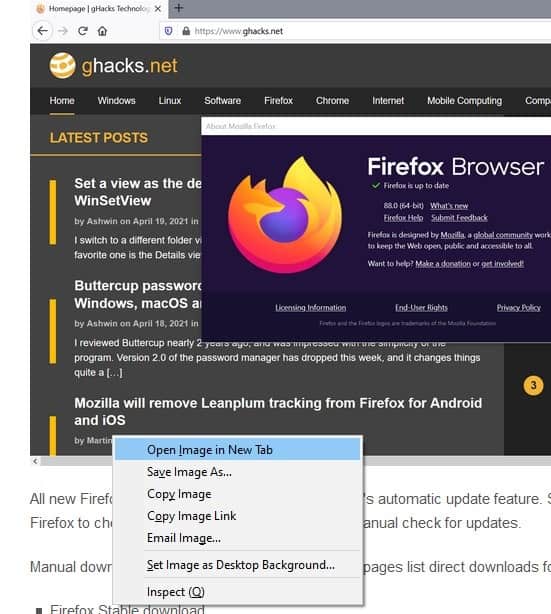 Changes in Firefox 88 that you may have missed: View Page Info, View Image, Reopen Closed Tab, and more