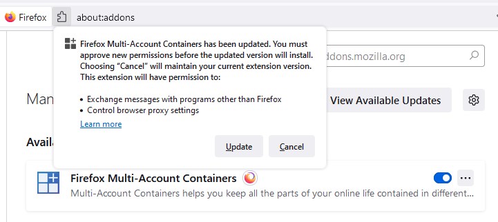 Why does Firefox Multi-Account Containers require permissions to exchange messages with other programs?