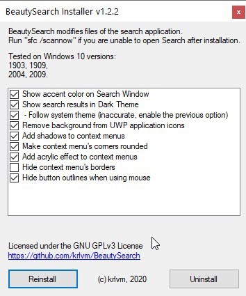 تخصيص مظهر Windows 10 ابحث باستخدام BeautySearch