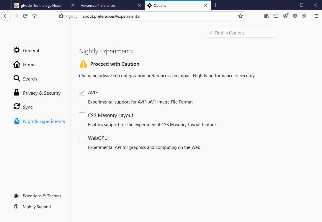 Firefox Nightly got a new secret Experiments Settings page