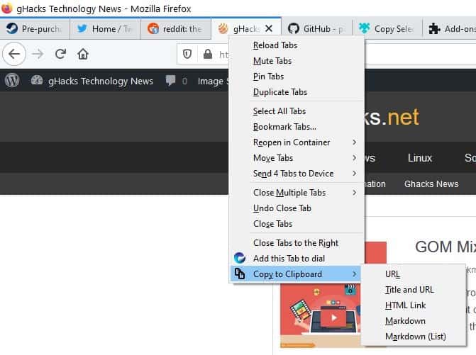 قم باستخراج عنوان URL والعنوان من علامات تبويب متعددة باستخدام ملحق نسخ علامات التبويب المحددة إلى الحافظة لمتصفح Firefox