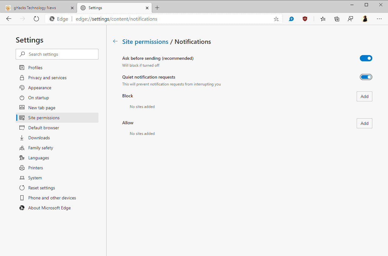 How to enable quiet notification requests in the new Microsoft Edge browser