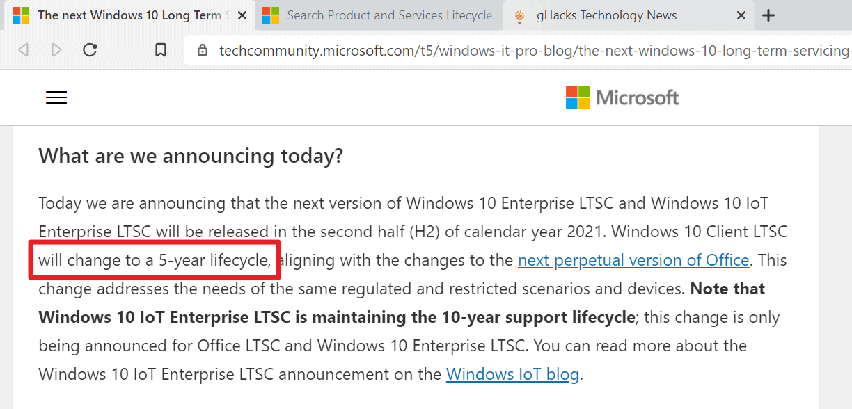Microsoft reduces Windows 10 Enterprise LTSC support to 5 years