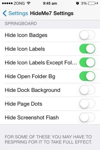 قم بإزالة جميع العناصر غير المرغوب فيها من واجهة iOS 7 باستخدام HideMe7
