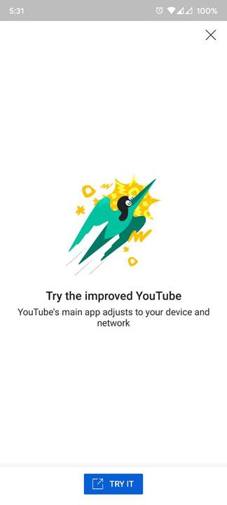 يوصي Youtube go بالتطبيق الرئيسي