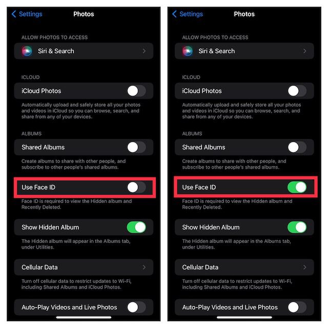 كيفية قفل ألبومات الصور المخفية باستخدام Face ID / Touch ID في iOS 16 على iPhone 2