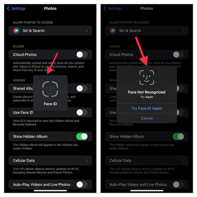 كيفية قفل ألبومات الصور المخفية باستخدام Face ID / Touch ID في iOS 16 على iPhone 3