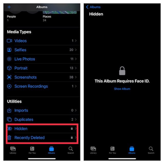 كيفية قفل ألبومات الصور المخفية باستخدام Face ID / Touch ID في iOS 16 على iPhone 5