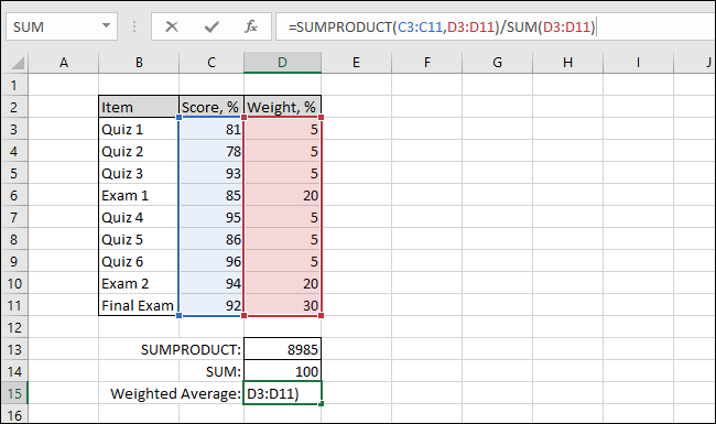 كيفية حساب المتوسط ​​المرجح في Excel 12