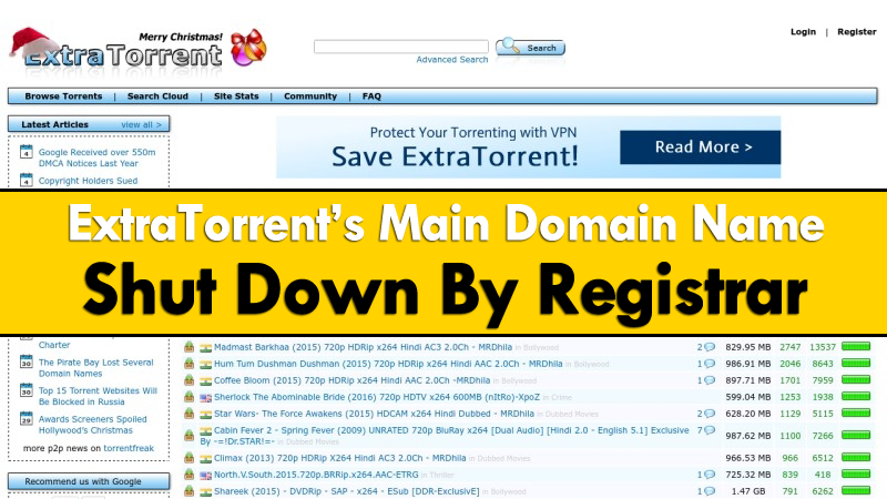 Extratorrent.cc المجال الرئيسي لـ ExtraTorrent مغلق بواسطة المسجل 1